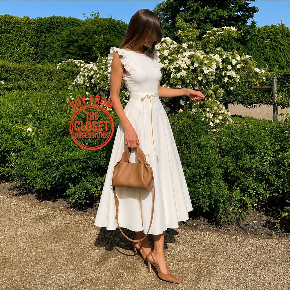 ZARA Ruffled Midi Dress NWT | Ecru Cotton Fit & Flare Belted Size M/L - Picture 5 of 16